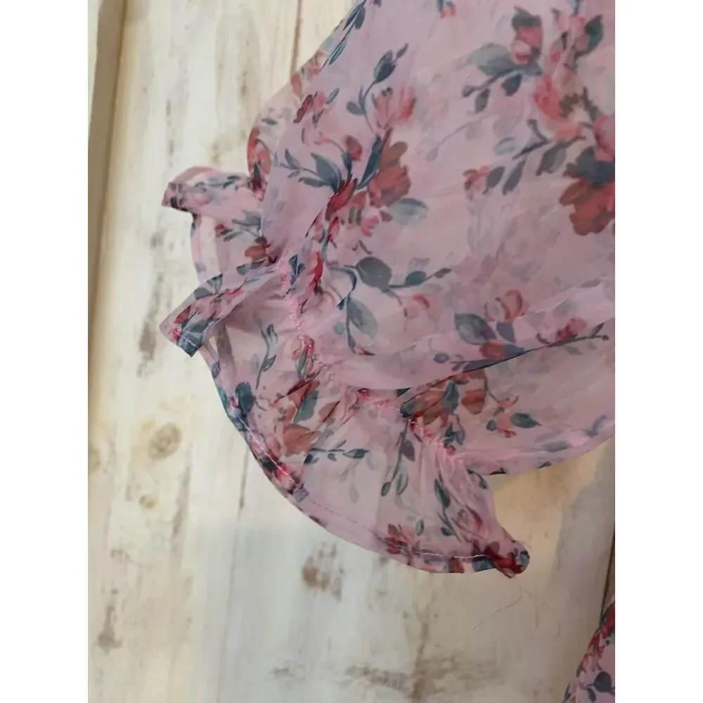Endless Rose Floral Puff Pink Barbie Baby Doll Mini Dress Balloon Sleeves Size S